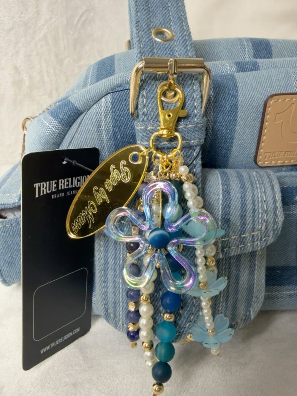 True Religion Denim Shoulder Bag NWT with Handmade Pepa by Murr Bagcharm - Picture 7 of 9